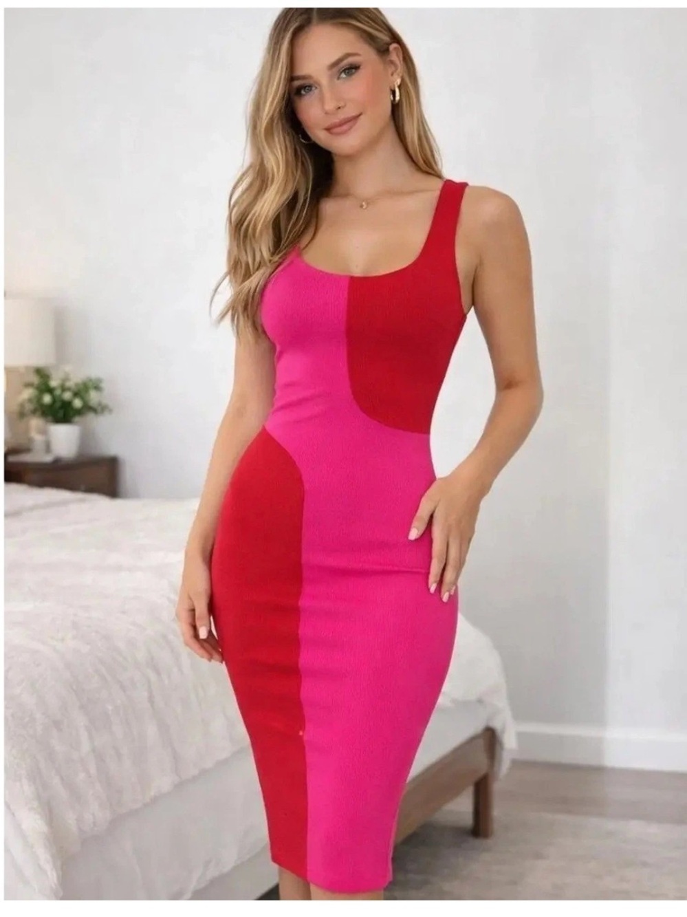 NWOT Naked Wardrobe Colorblock Midi Dress Red Pink Ribbed Bodycon
